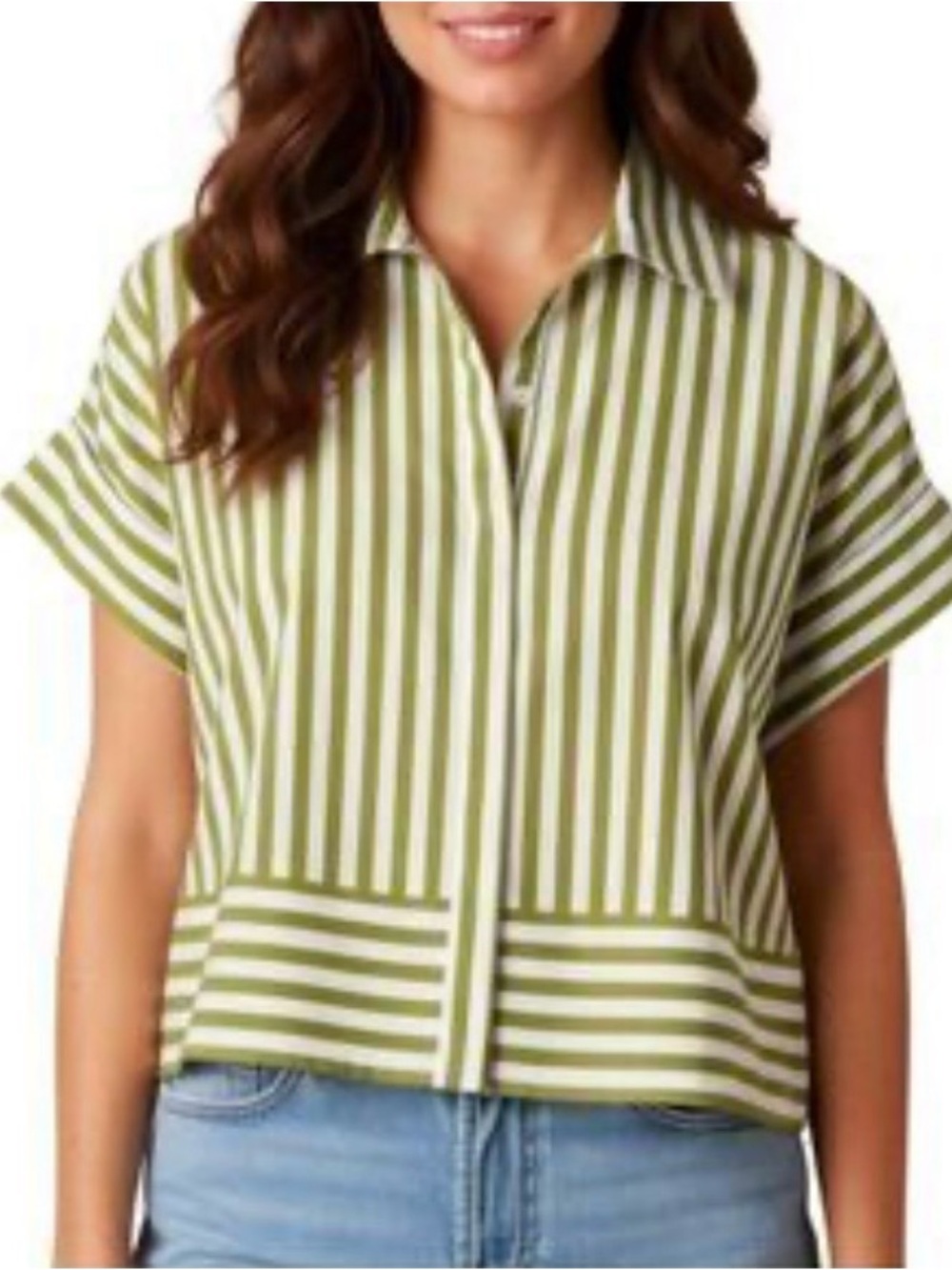 Hope & Harlow, Sz M, Stripe Button-Front Shirt in Olive Green & White! EIC! NEW